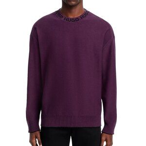 Hugo Boss Men's HUGO Smarlo Logo Crewneck Collar Oversized Knit Sweater Purple